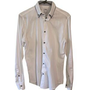 Zara Contrasting Double Collared Textured Button Down Shirt Size Small Slim